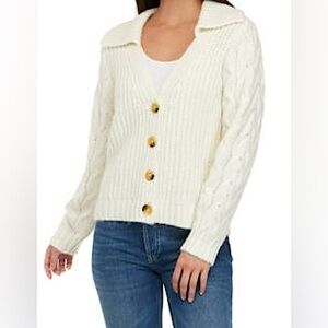 Wonderly Chunky Shawl Collar Cardigan White Cable Knit Sleeve Sweater Sz S